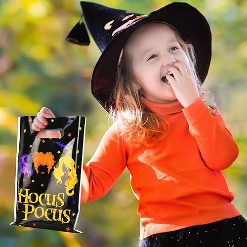 Miniatura 6 de AnyDesign - 60 bolsas de regalo de fiesta de Hocus Pocus, bolsas de plástico para golosinas de bruja de Halloween, bolsas de compras de comestibles,