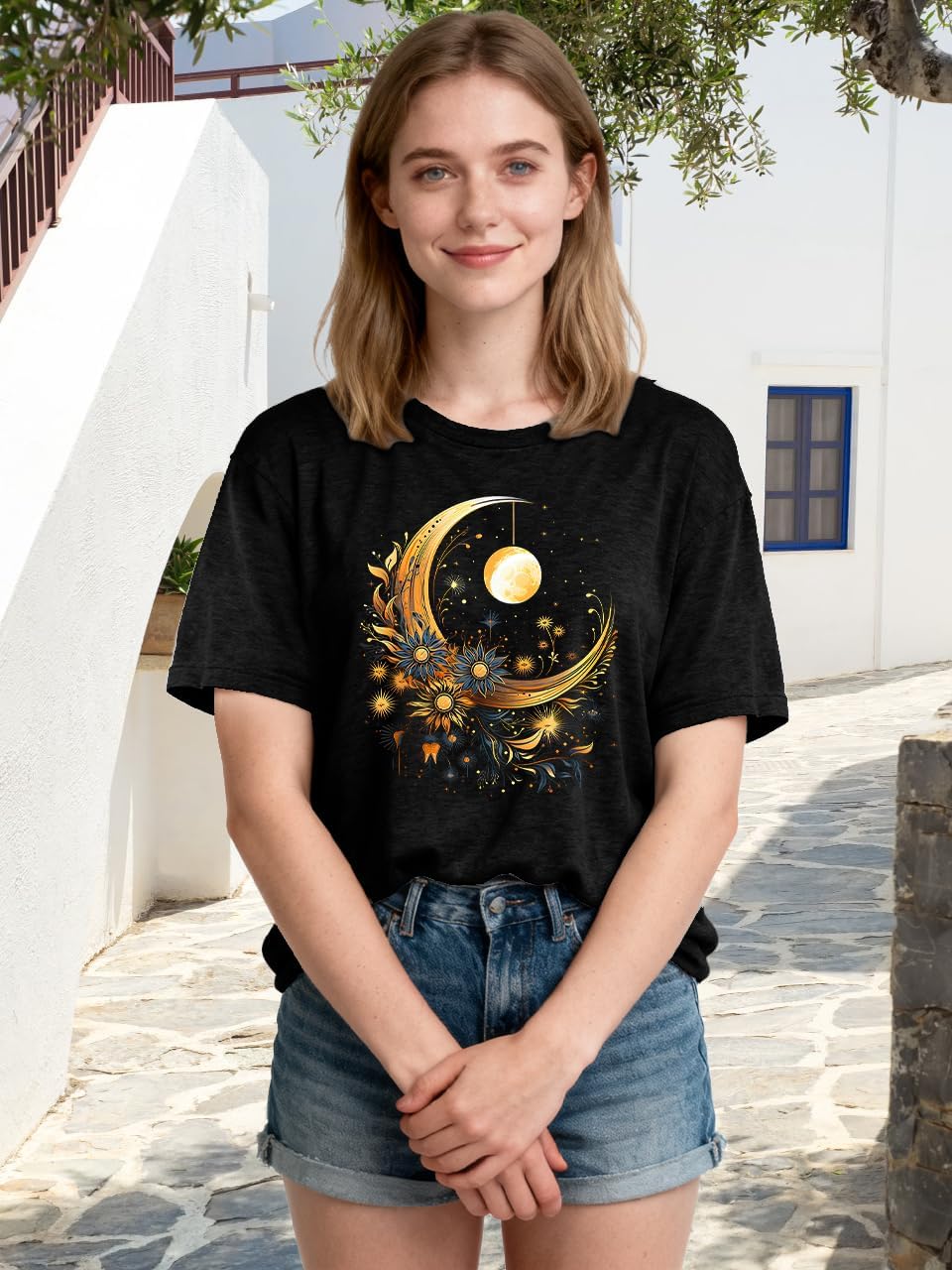 Women Mystical Sun and Moon Shirts Vintage Wildflower T Shirt Hipped Graphic Tees Short Sleeve Vacation Tops - Image 3