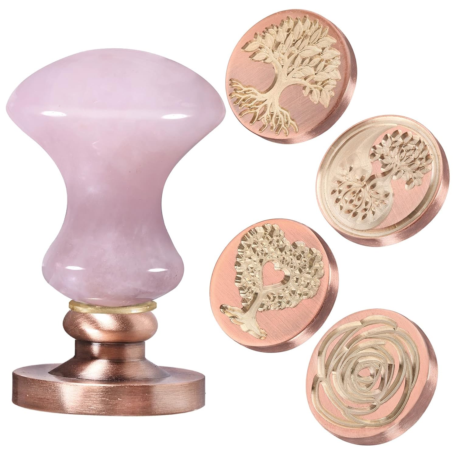 SUNYIK Wax Seal Stamp Set, Crystal Stone Handle with 4 Wax Seal Stamps Head for Envelope Wedding Invitations Gift Wrapping, Rose Quartz Handle & 3* Tree of Life Series Pattern & 1* Rose Pattern