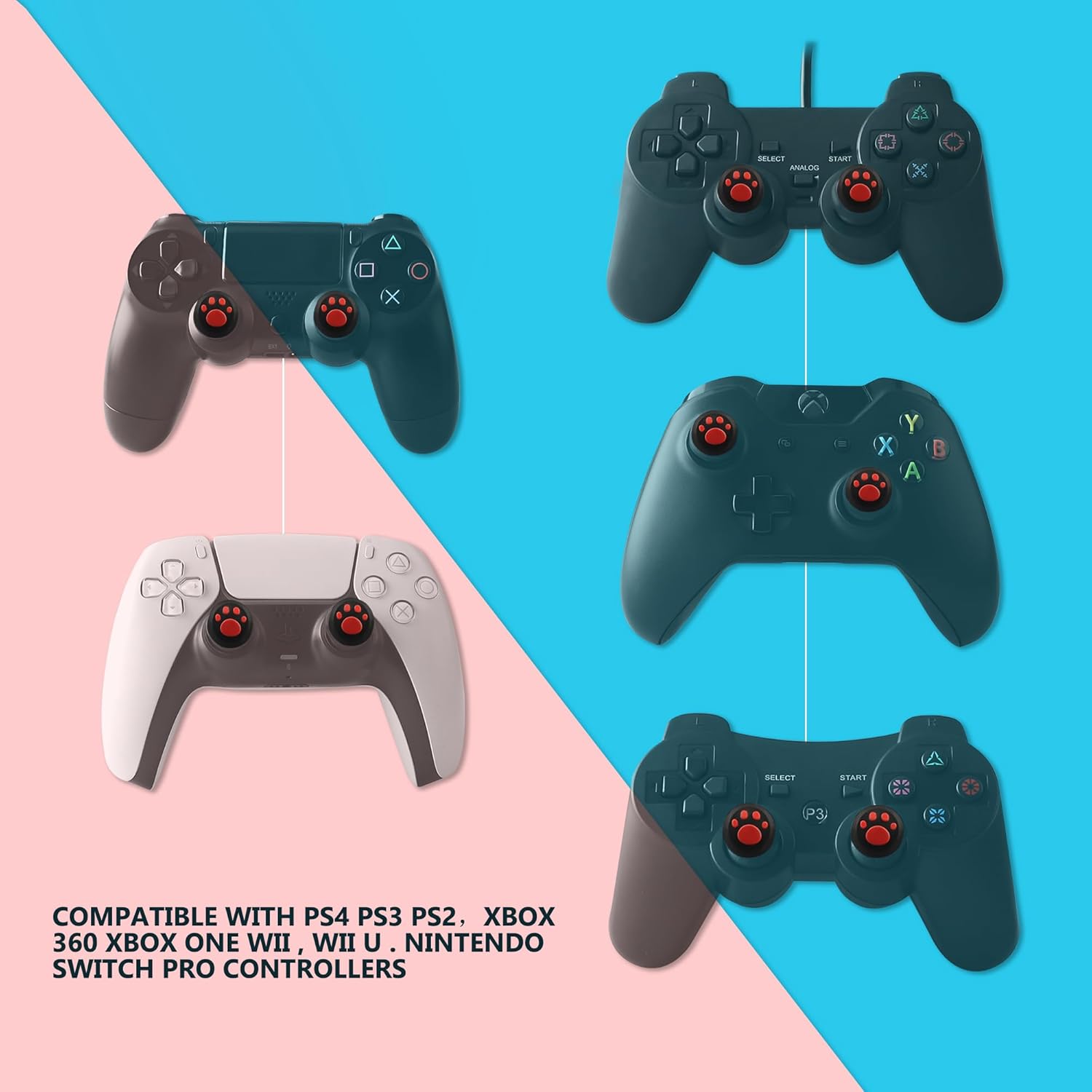 6PCS PS5 Silicone Thumb Cap, Non-Slip Silicone Analog Joystick Thumb Stick Grip Cap for PS2, PS3, PS4, PS5, Xbox One, Xbox Series X/S, Xbox 360, Switch Pro, Wii U Game Controller (Black Red)