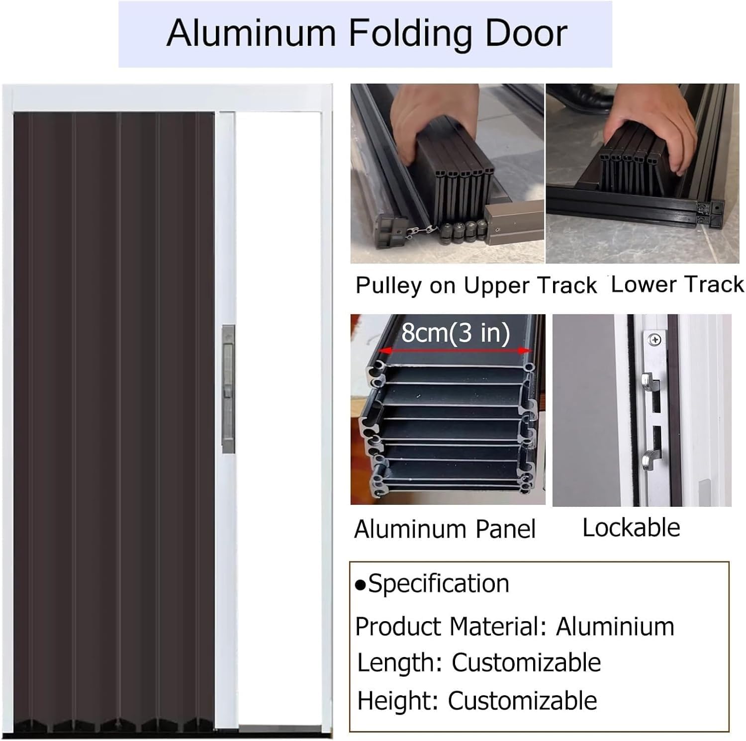 Aluminum Accordion Folding Door for Bedroom/Kitchen, Sliding Room Divider with Track & Lock, Temporary Doorway Solution (H 150cm, W 111cm)