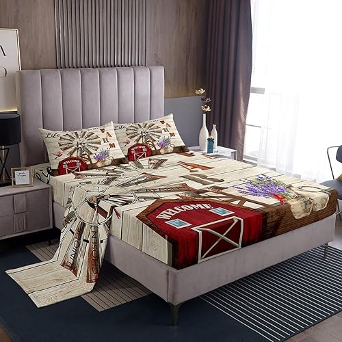 Erosebridal Western Farmhouse - Juego de sábanas rústicas para cabaña, cabaña, cabaña, granero, lavanda, molino de viento, sábana bajera ajustable