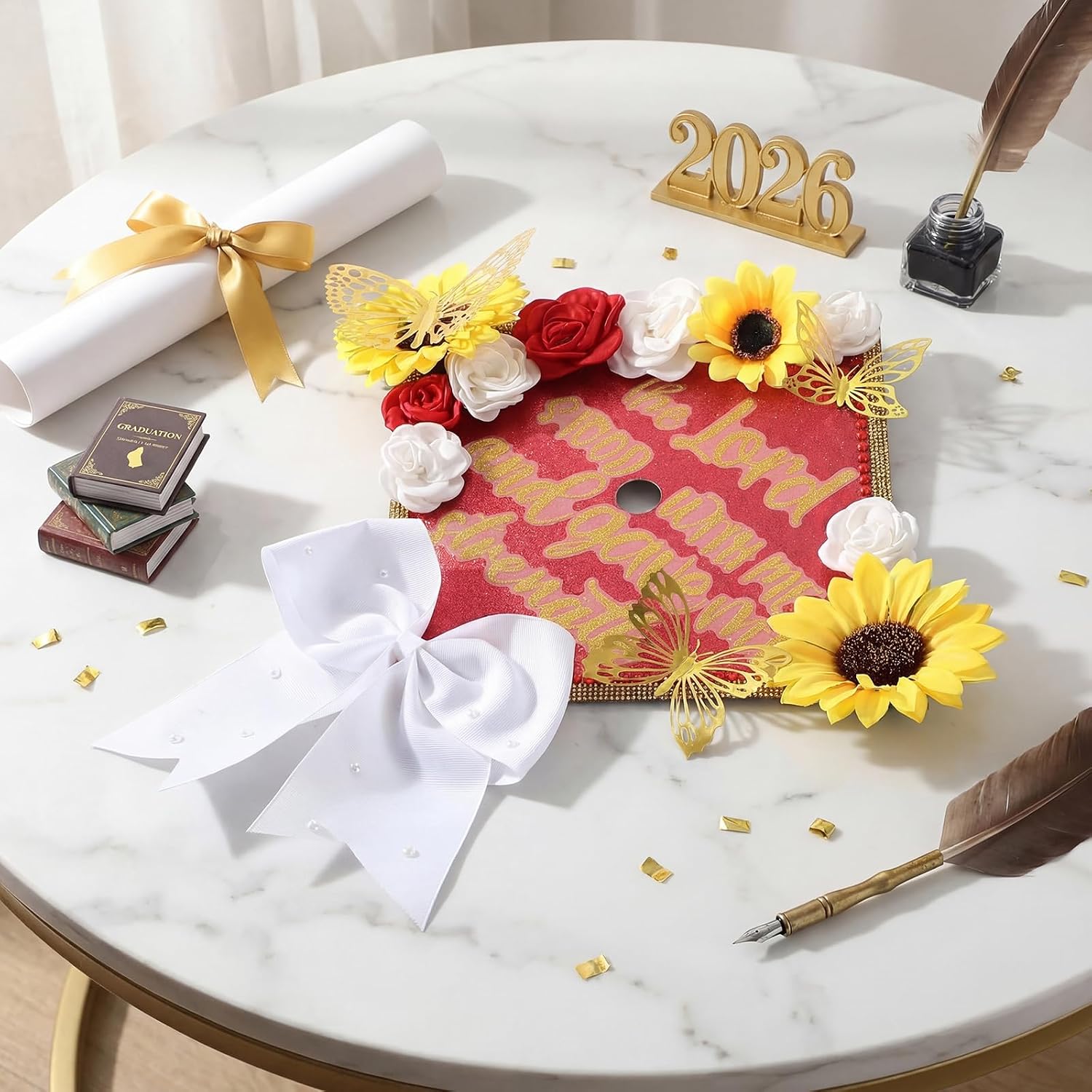 Gersoniel 45 Pcs DIY Graduation Cap Decorations Kit with Faux Flower Heads Graduation Quote Glitter Sticker Bow 3D Butterfly Rhinestone Pearl Stickers for Grad Cap Topper Art Craft Gift Decor(Red)