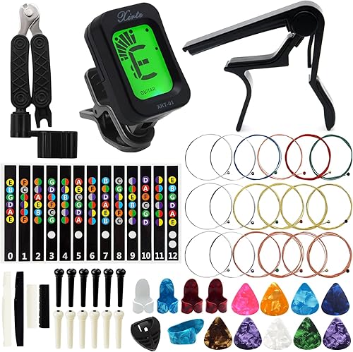 Anvin Kit de accesorios para guitarra acústica, incluye cuerdas de guitarra, afinador, cejilla, herramienta de encordado, soporte para púas,