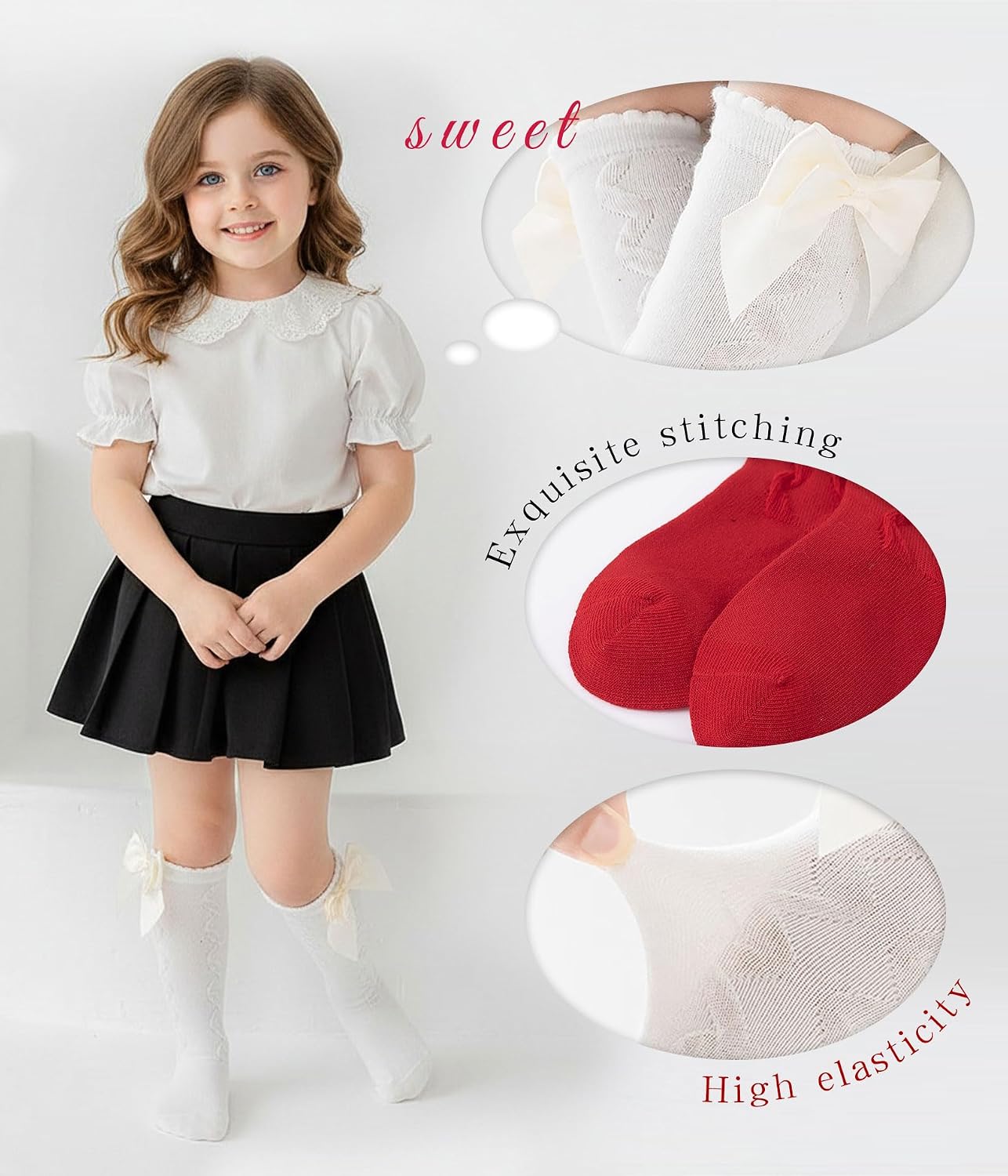 CHUNG Toddler Baby Girls Knee Hight Stocking Cotton Socks 0-7Years Solid Color Bowknot Thin Spring Summer