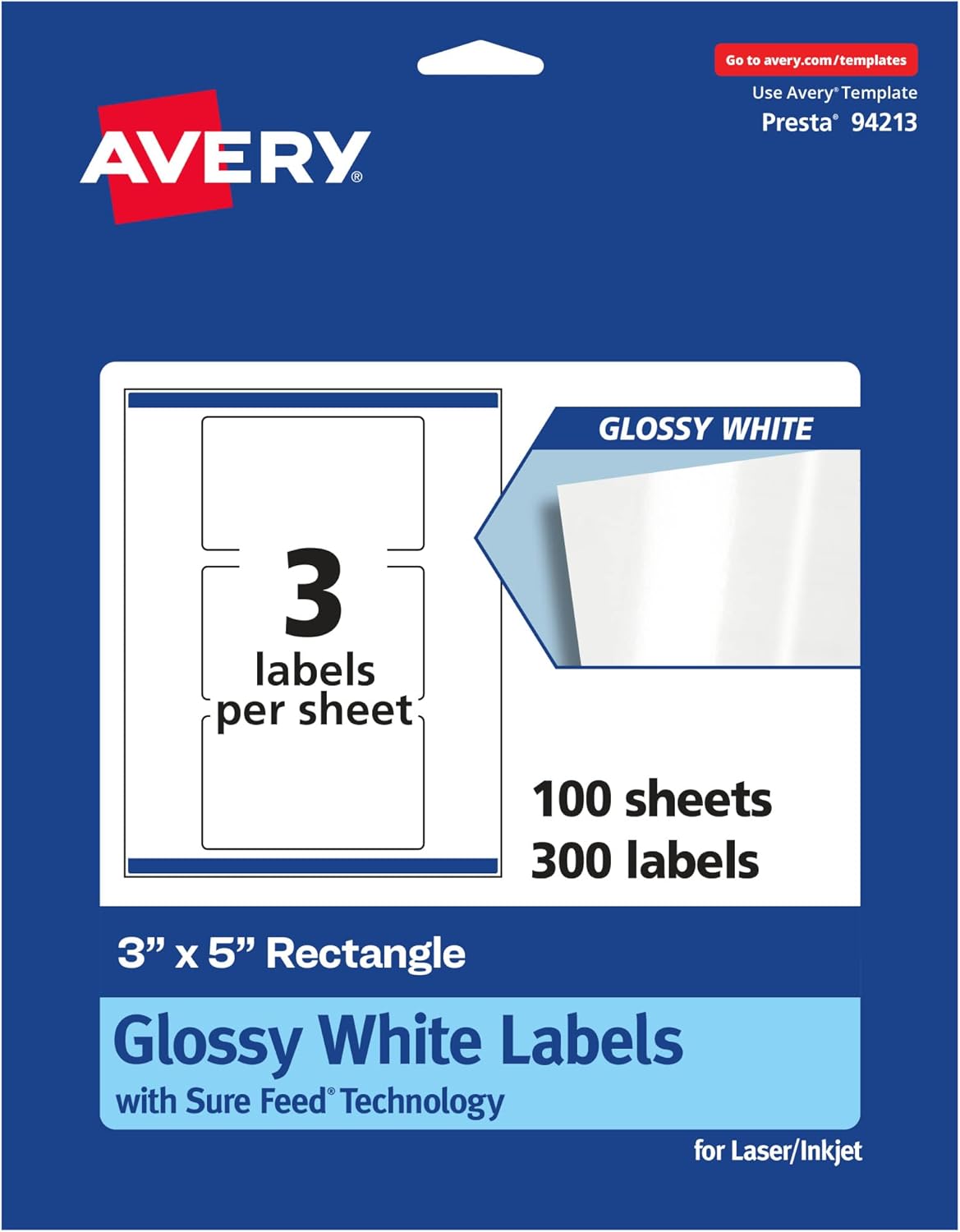 Avery Glossy White Rectangle Labels, Sure Feed Technology, 3" x 5", 300 Glossy White Labels, Print-to-The-Edge, Permanent Adhesive, Laser/Inkjet Printable