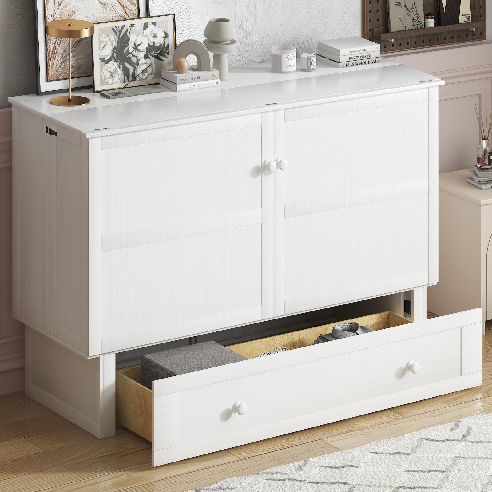 Mjkone Queen Size Murphy Bed with Tri-Folding Mattress, Charging Station, Modern Cabinet Bed with Drawers, Multifunctional Design Wall Murphy Bed for Living Room, Apartment (White Pattern I)