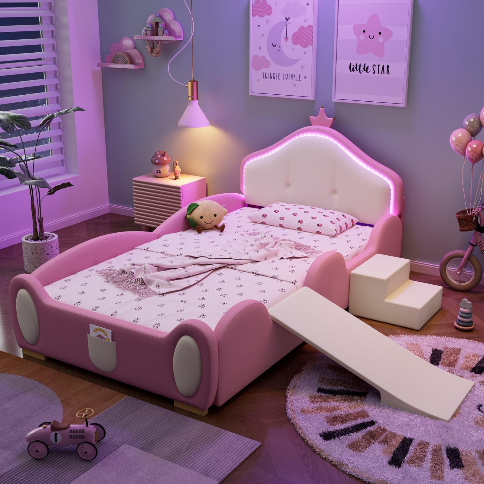 KOMHTOM Lit Enfant en Bois 90x200 cm - Lit LED Plateforme Simple avec Barrière de Sécurité et Toboggan - Escalier - Sommier à Lattes - Design Unique - PU - sans Matela (Rose-B)