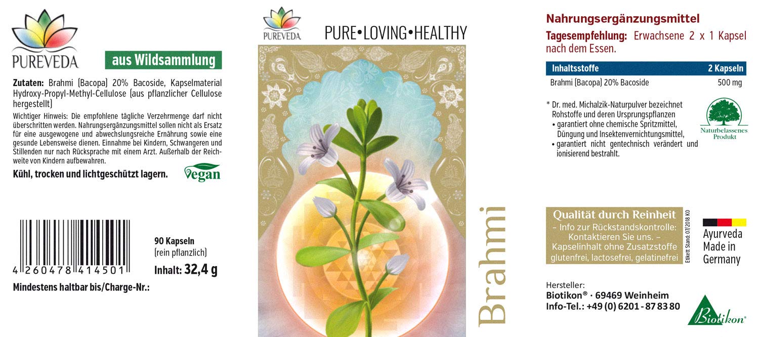 Pureveda Brahmi - aus Wildsammlung - Tagesdosis | Brahmi [500mg] enthält Bacoside [20%] | ohne Zusatzstoffe - von BIOTIKON®