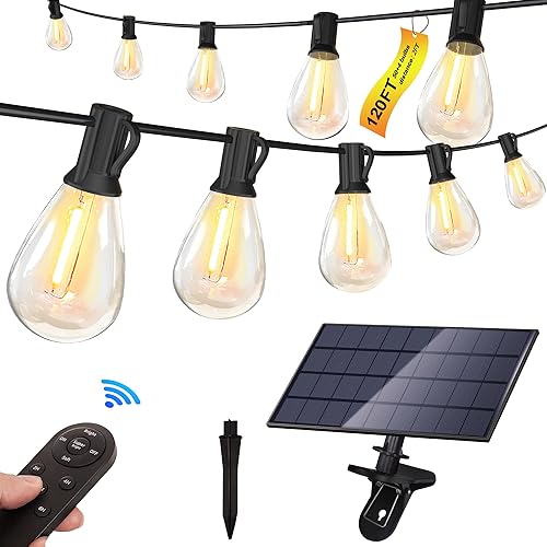 Miniatura 8 de Stright Cadena de luces alimentada por energía solar de 100 pies con control remoto 8 modos de luz, bombilla LED ST38 resistente a la intemperie y a