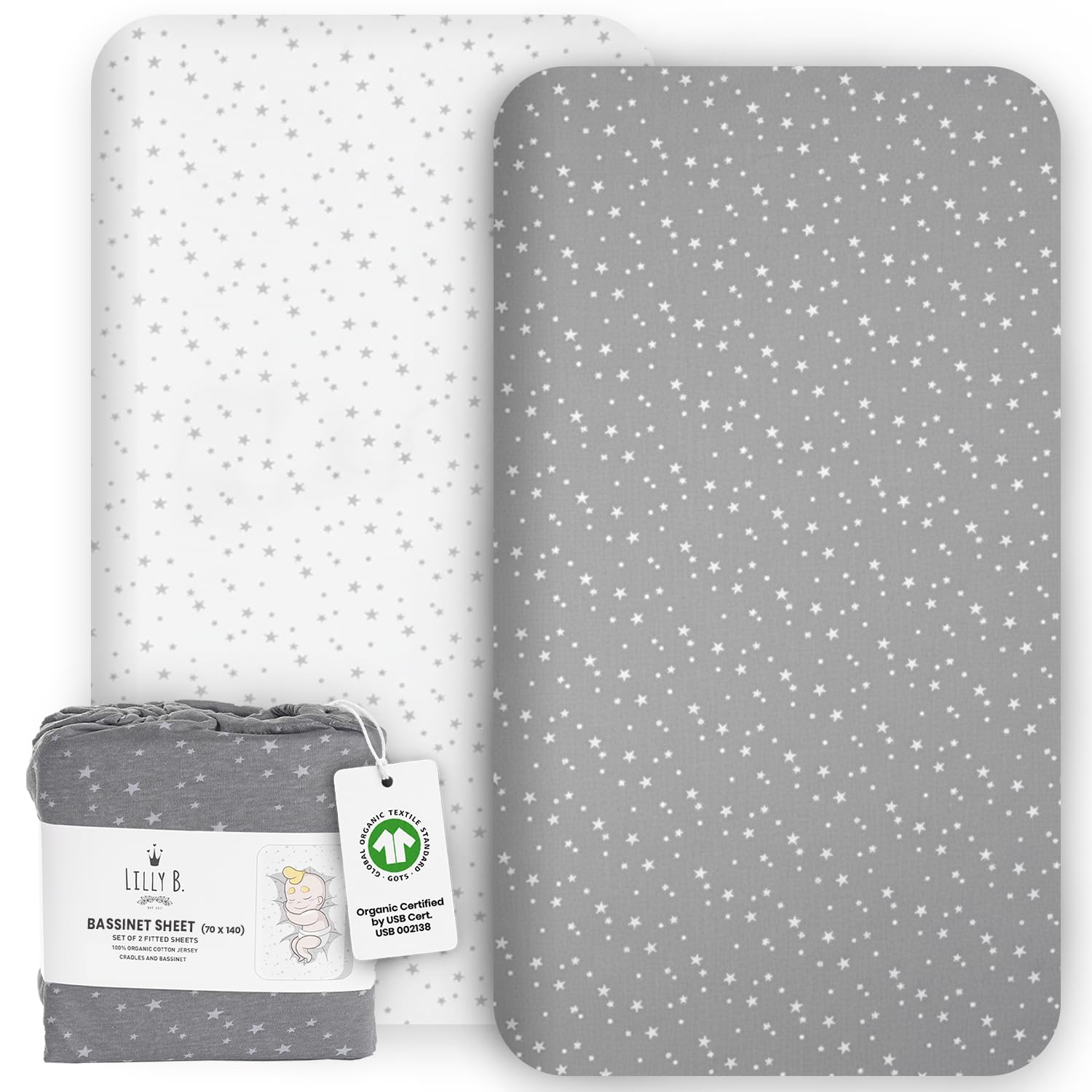 Lilly B. Copripiumino in cotone biologico GOTS 2 lenzuolo con angoli 70 x 140, compatibile Next2me, Snuzpod e tutti i letti da comodino, mini culla fino a 140 x 70 cm, set di 2 lenzuola.