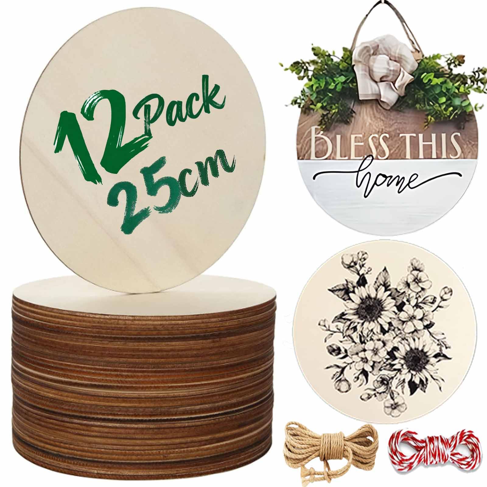 12Pcs Unfinished Round Wooden Circles, 25 cm / 10 inch Diameter, Plain Natural Blank Wooden Discs for Painting, Craft, Sign Plaque and Home Decoration, 2.5mm Thick
