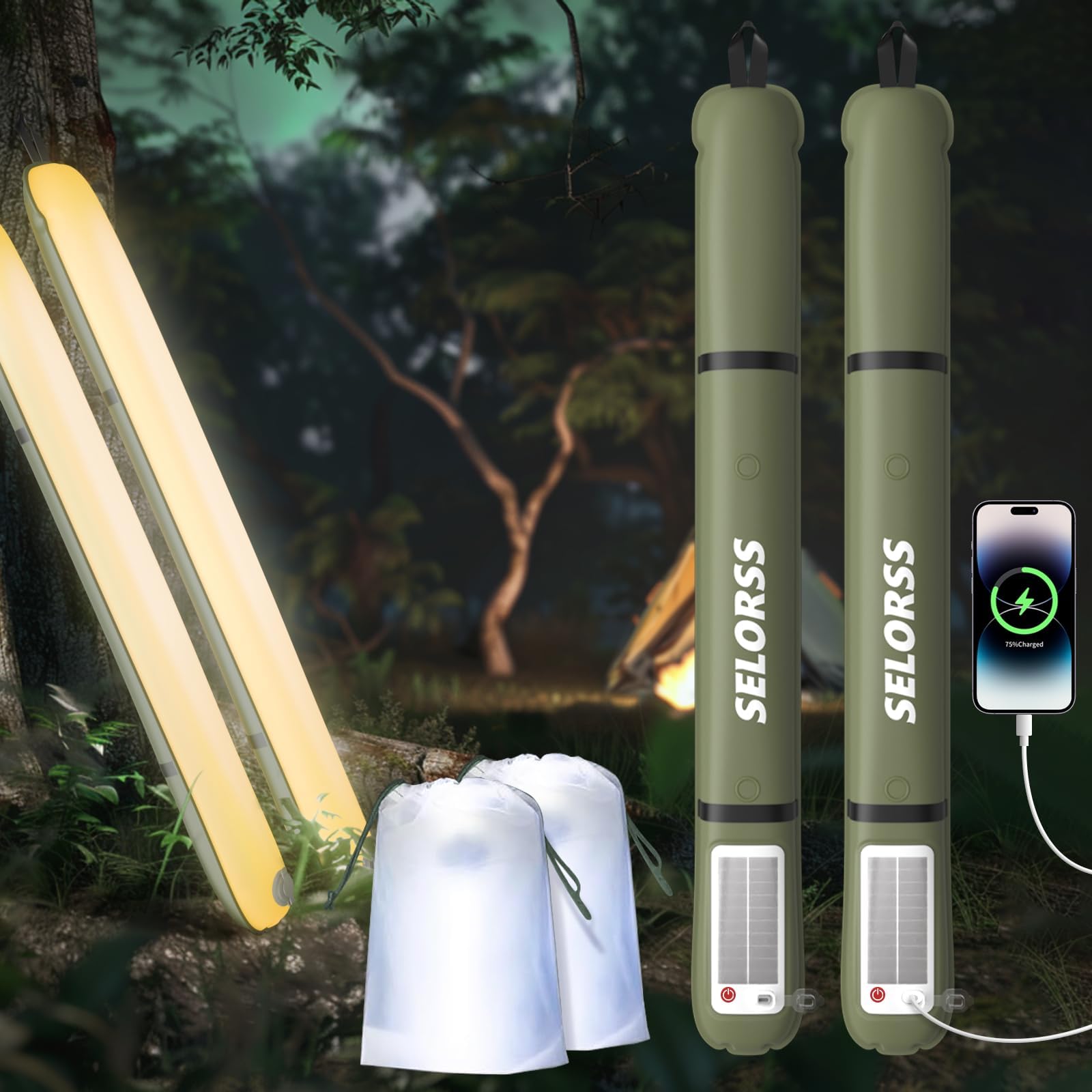 SELORSS Portable Inflatable Outdoor Camping Light, IP66 Waterproof Standard, Three Warm Modes and Strobe Signal Light for Camping, Hiking, Traveling, etc. (Green Two-Piece)
