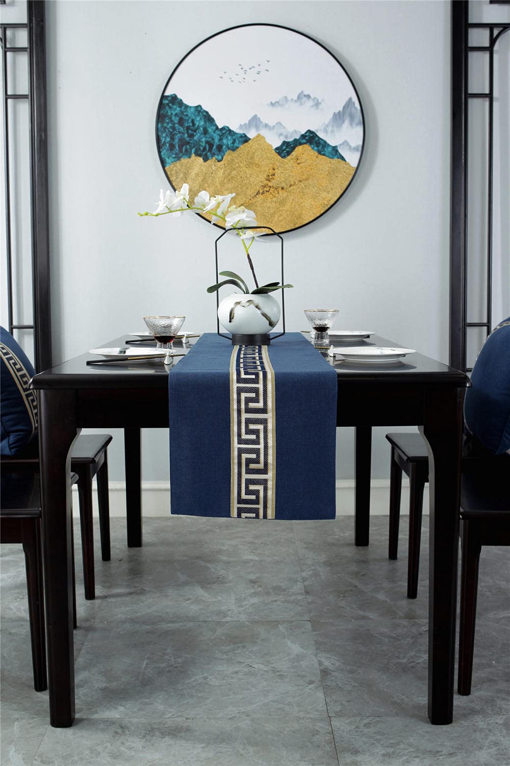 Camino de arpillera Mesa Borde Plano Azul 13 X 149.6 Inches(33 X 380cm) con borlas de para Fiestas cenas Vacaciones Cocina día de Acción de Gracias Navidad