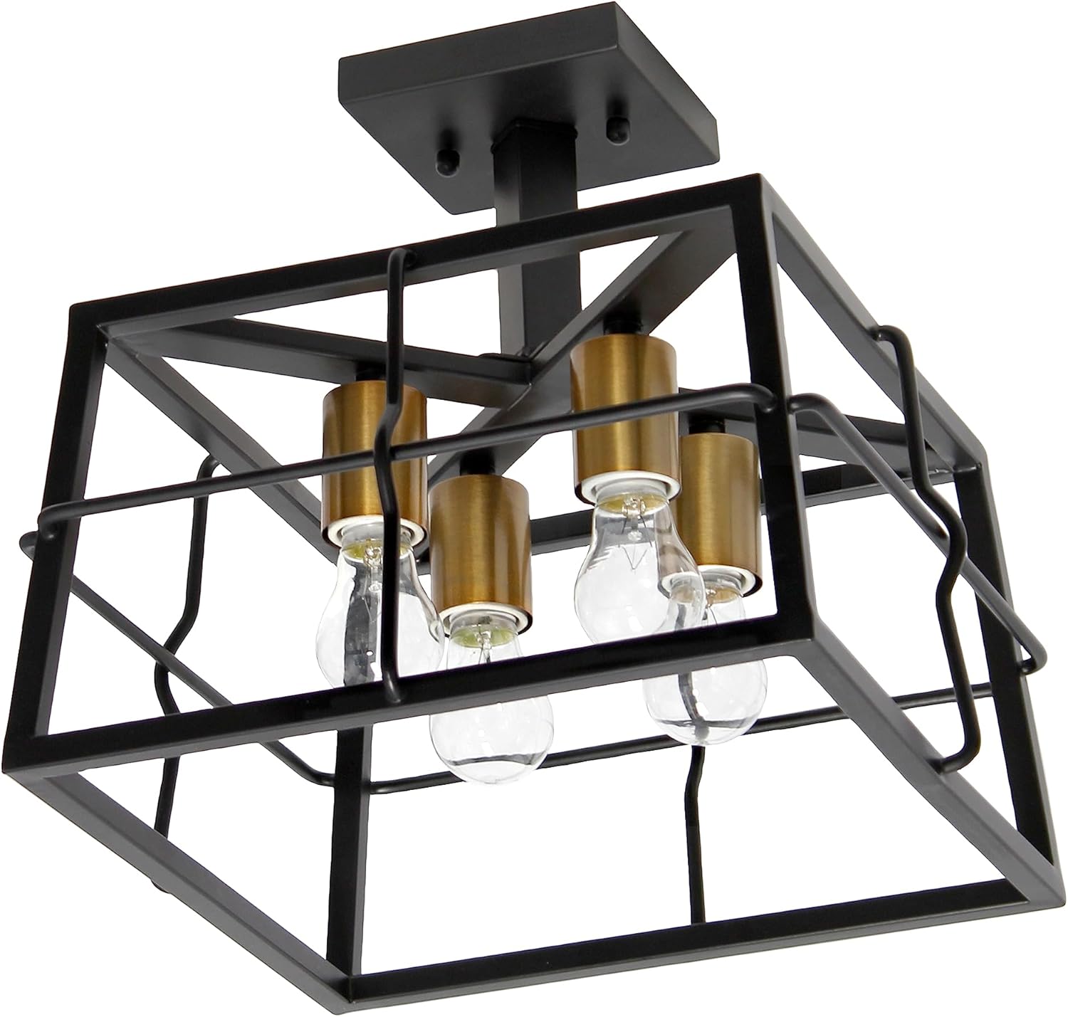 Elegant Designs FM1007-BLK 12.4" Industrial Farmhouse 4 Light Caged Square Metal Frame Ceiling Semi Flush Mount Fixture, Black