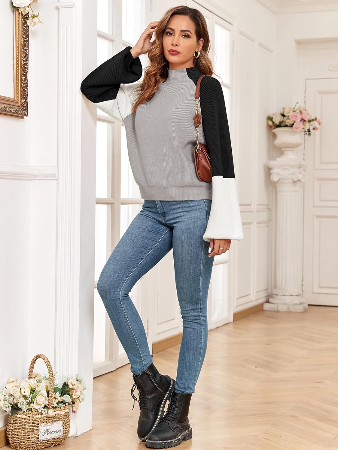 Upopby Women's Fall Winter Color Block Sweaters for Women Trendy Turtleneck Lantern Sleeve Knitted Sweater Jumper Tops - Image 7