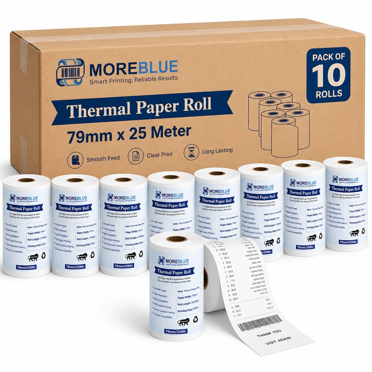 MOREBLUE® 3 Inch Thermal Paper Rolls (79mm x 25m, 55 GSM) | Ink-Free BPA-Free Receipt Paper for POS Machine, Billing Machine & Thermal Printers Pack 10