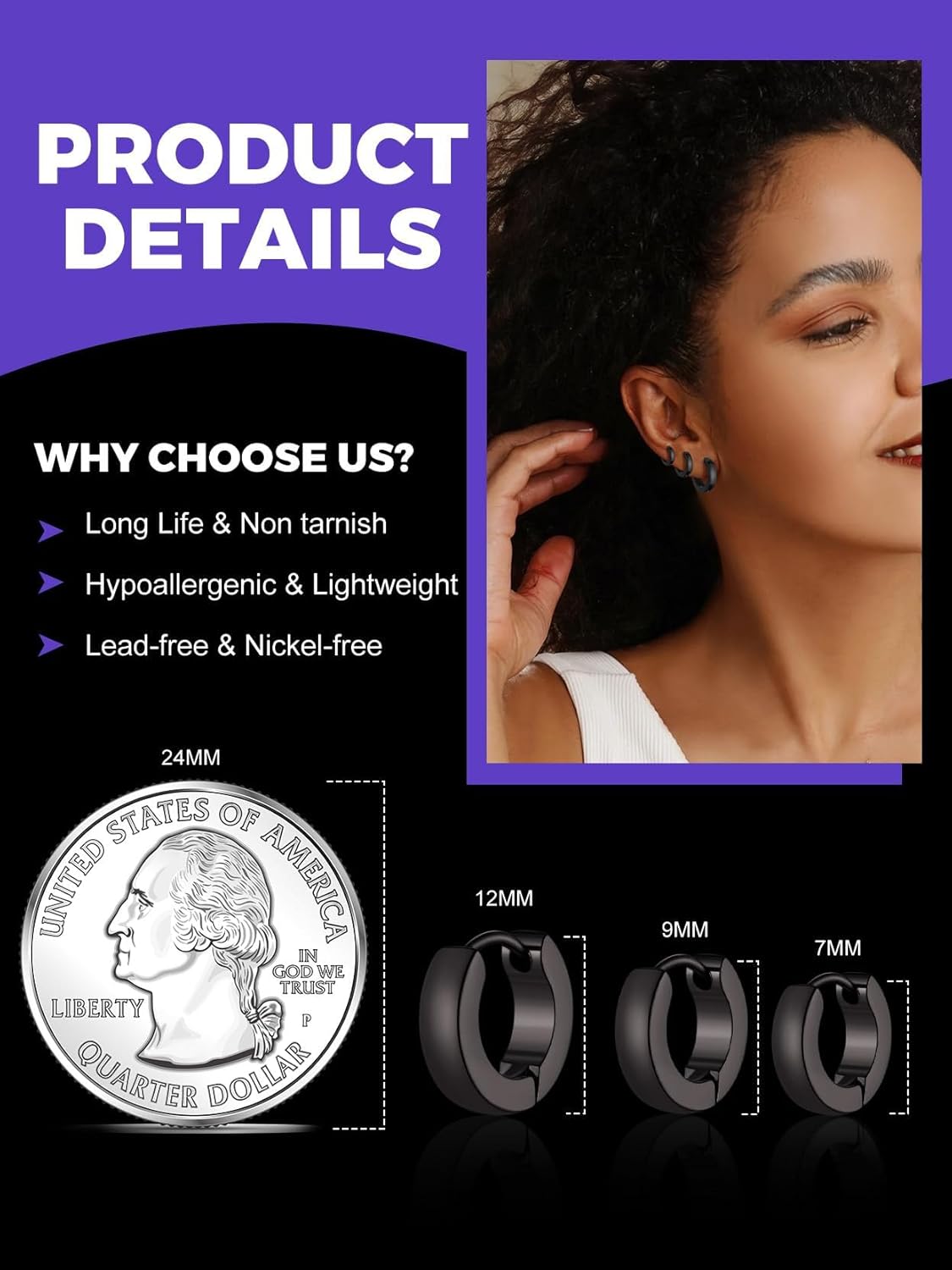 Classic 3/4/5 Pairs Small Hoop Earrings for Men Women Gold/Silver/Black Stainless Steel Huggie Hoop Earring Hypoallergenic Piercing Jewelry Set 7/9/12/14/16mm - Image 7