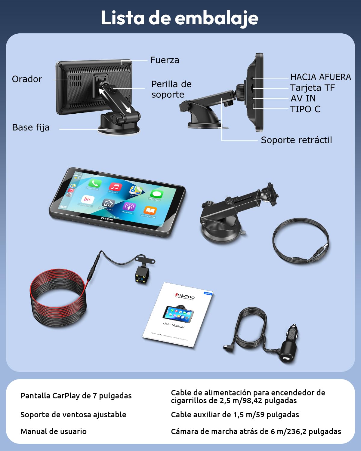 ESSGOO 7 Pulgadas Pantalla Carplay Coche Android Auto con Cámara de Reversa