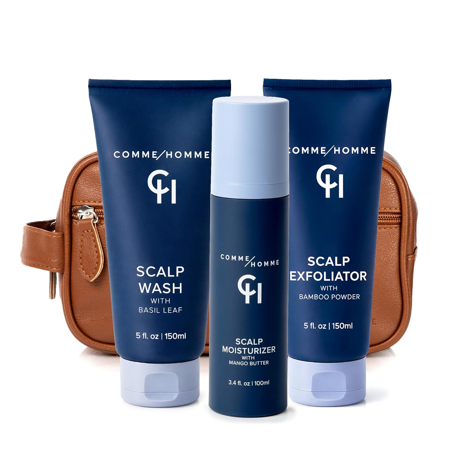 Comme Homme Ultimate Scalp Care Bundle for Bald Men | 3-Step Routine with Scalp Wash, Exfoliator & Moisturizer | Deep Cleanse, 24-Hour Moisture & Skin Protection | Free Toiletry Bag Included