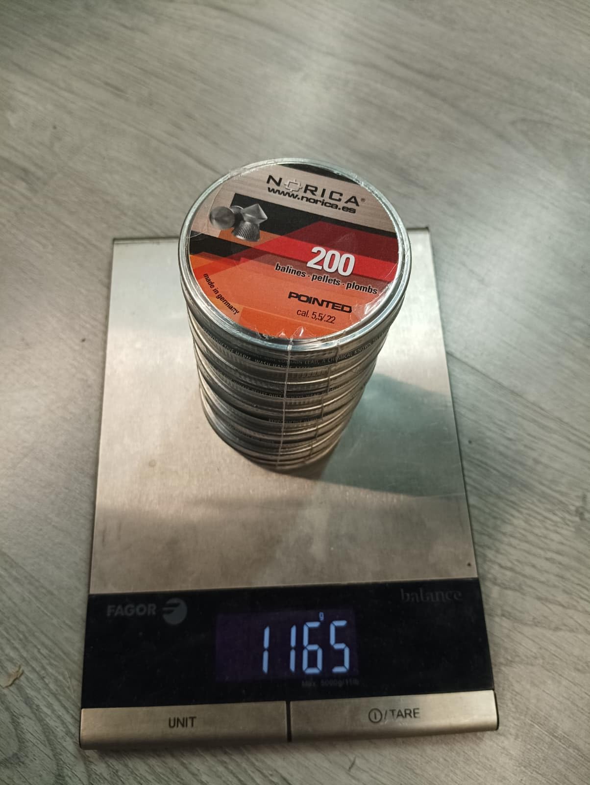 Pack 1000 Balines perdigones Norica Pointed Calibre 5.5 / .22 [5 latas de 200 perdigones]