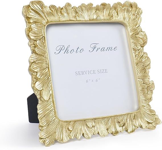 6x6 Gold Picture Frame, Vintage Gold Palm Leaves Textured Hand-Crafted Resin Frames with Glass Front, Retro Square Photo Frame for Wall and Tabletop Display Home Decor