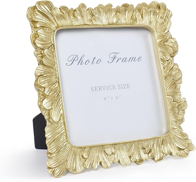 6x6 Gold Picture Frame, Vintage Gold Palm Leaves Textured Hand-Crafted Resin Frames with Glass Front, Retro Square Photo Frame for Wall and Tabletop Display Home Decor