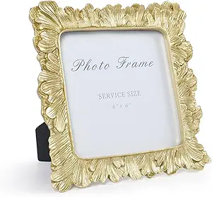 6x6 Gold Picture Frame, Vintage Gold Palm Leaves Textured Hand-Crafted Resin Frames with Glass Front, Retro Square Photo Frame for Wall and Tabletop Display Home Decor