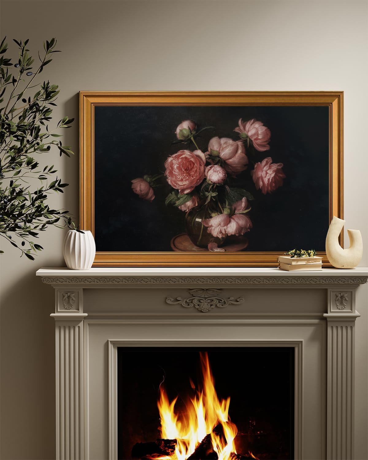 ARPEOTCY Large Gold Framed Canvas Wall Art, 24x36 Inch, Vintage Peony Floral Art Prints, Classical Still Life Decor for Dining Living Room Above of Bed, Dark Moody Farmhouse Decor