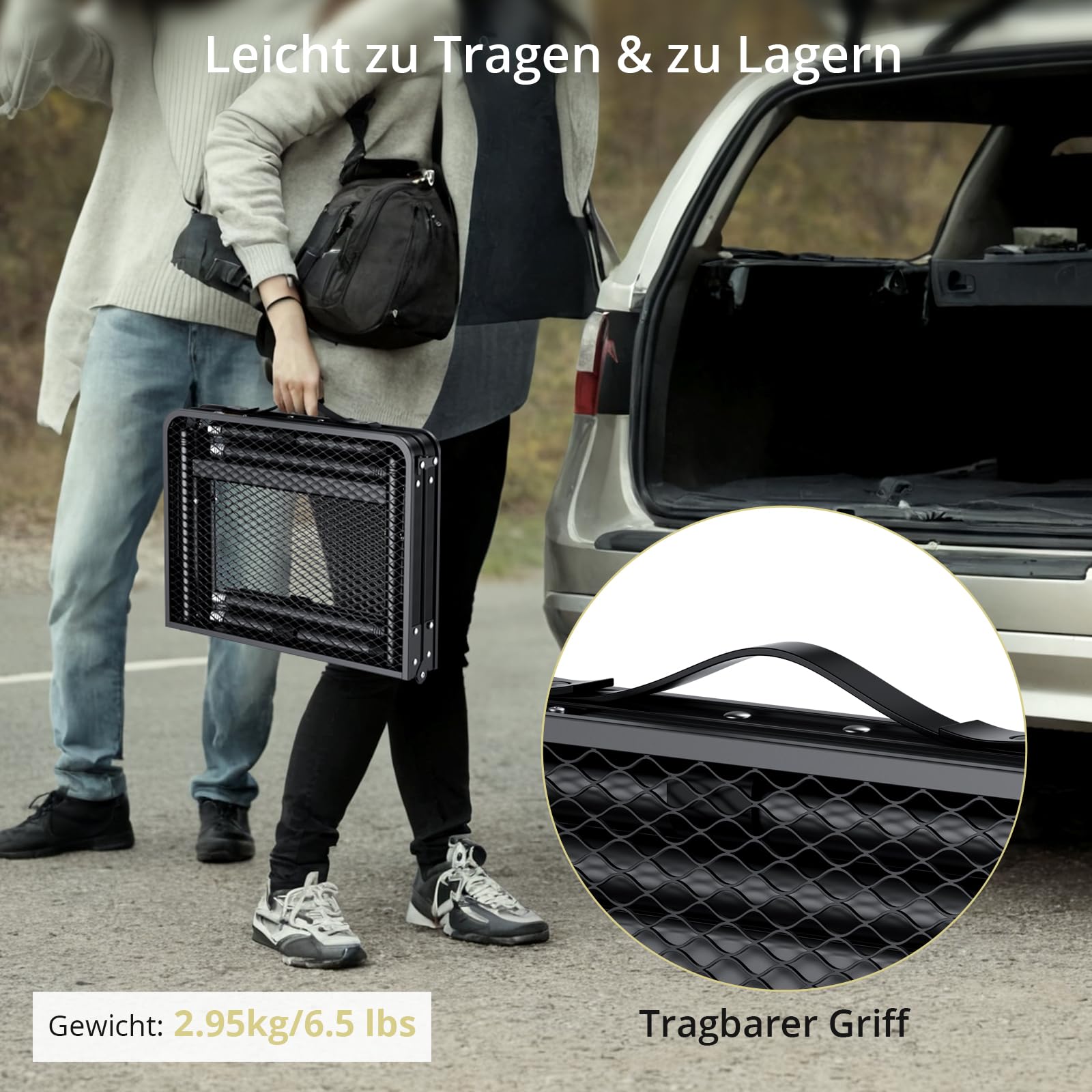 Anbte Grilltisch Klappbar 60x40cm X-Frame-Design 80kg Belastbar, Schwarz | 3 Verstellbar Höhe 24.5/47/71cm, Wasserfest Metallgitter Tischplatte Tragbar Klapptisch für BBQ Camping Garten Outdoor-Kochen