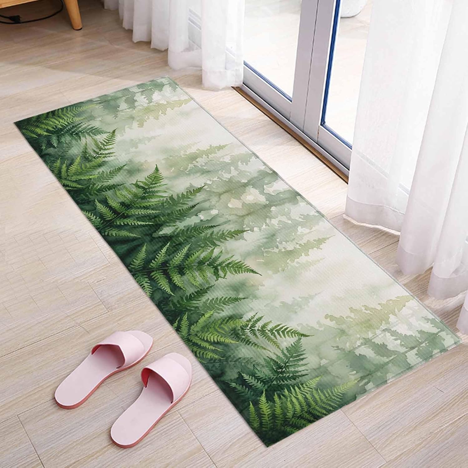 Kitchen Mats for Floor Natural Watercolor Leaves Fern Plant Washable Non Slip Kitchen Rugs 1PCS, Retro Forest Tree Leaf Absorbent Standing Mats for Sink Bathroom Office Living Room 15.7x47.2in