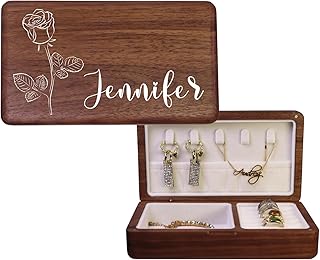2025 Upgraded Version Custom Wooden Jewelry Box Personalized Jewelry Organizer Travel Case With Name and Birth Flower for Women, Mom, Bridesmaid Gifts (Rectangle)