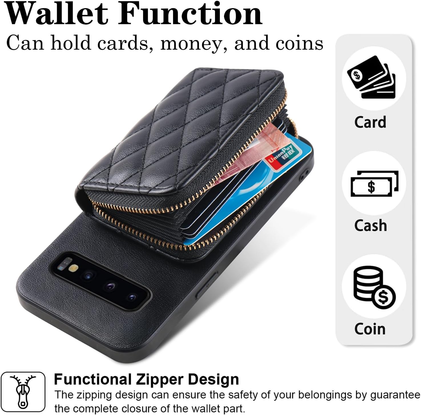 Argyle Wallet Cover for Samsung Galaxy S10 & Tempered Glass Screen Protector Shoulder Strap, PU Leather Zipper Organ Card Holder Stand Phone Case for S 10 Edge 10S GS10 X10 Women Girls Black