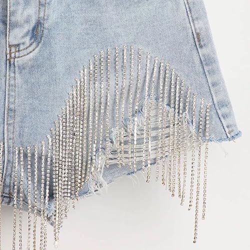 Women's Diamond Tassels Denim Shorts Summer High Waist Ripped Jeans Shorts With Rhinestone Fringe (M, Light Blue) #TOP3