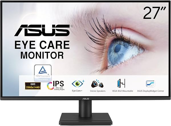Monitor ASUS VA27AQ de 27 pulgadas 1440P QHD IPS para computadora, HDMI, DisplayPort, VGA | IPS, QHD (2560 x 1440), 99% sRGB, sin marco, 1ms, altavoces, baja luz azul, sin parpadeo, montaje VESA, EPEAT
