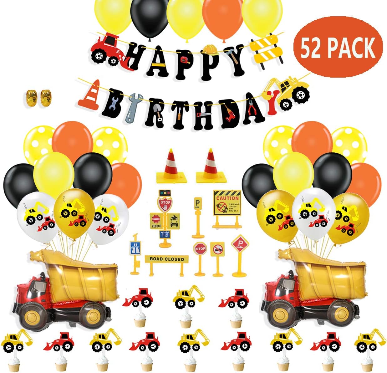 Construction Birthday Party Supplies Dump Truck Party Decorations Kits Cars Set for Kids Birthday Party, Birthday Banner Car Dump Truck Balloon Cake Topper Road Sign Models Construction Toys for Car Truck Party Favors 55 pack