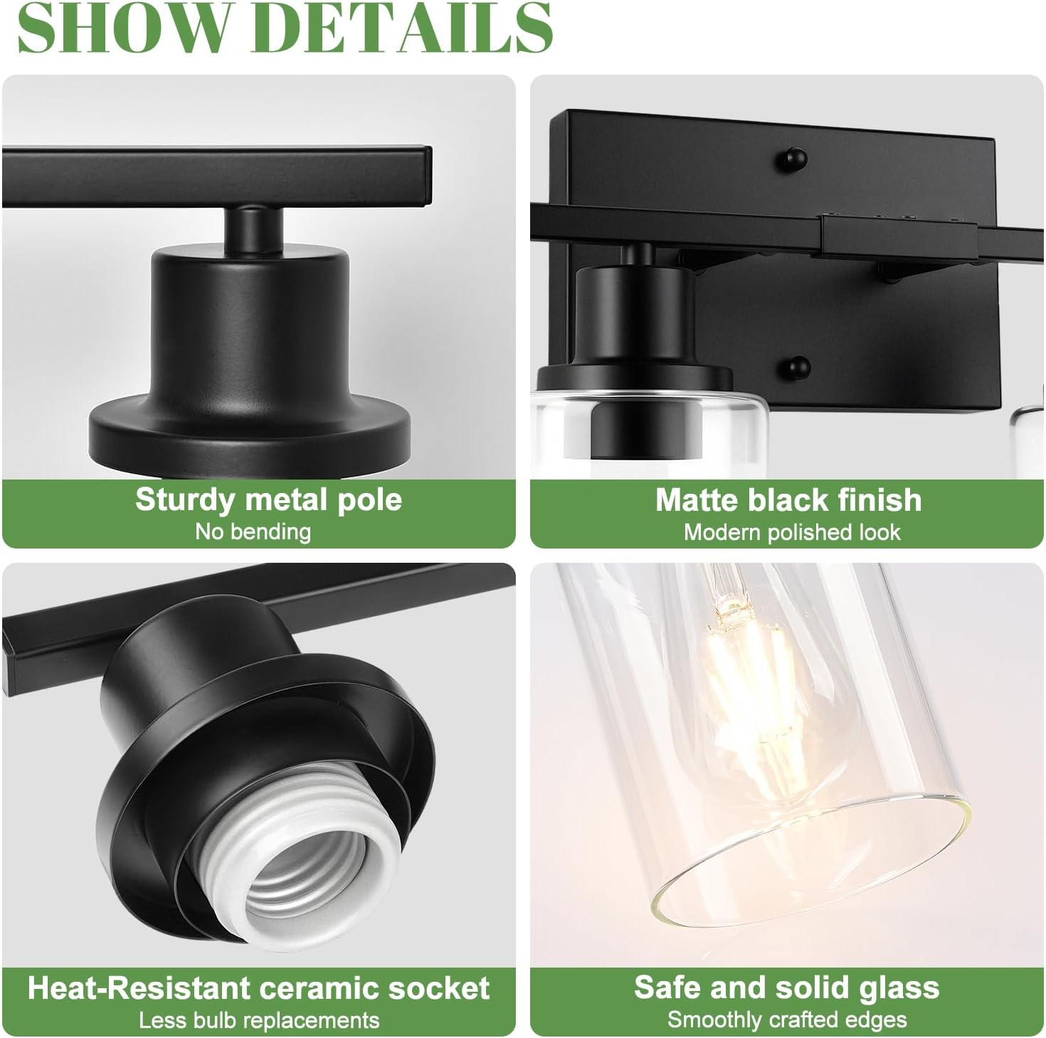 MOKATNG 5-Light Bathroom Light Fixtures, Vanity Light with Clear Glass Shades, Matte Black Bathroom Light Fixtures Over Mirror, Modern Bathroom Wall Lamp for Mirror Living Room Cabinet Bedroom