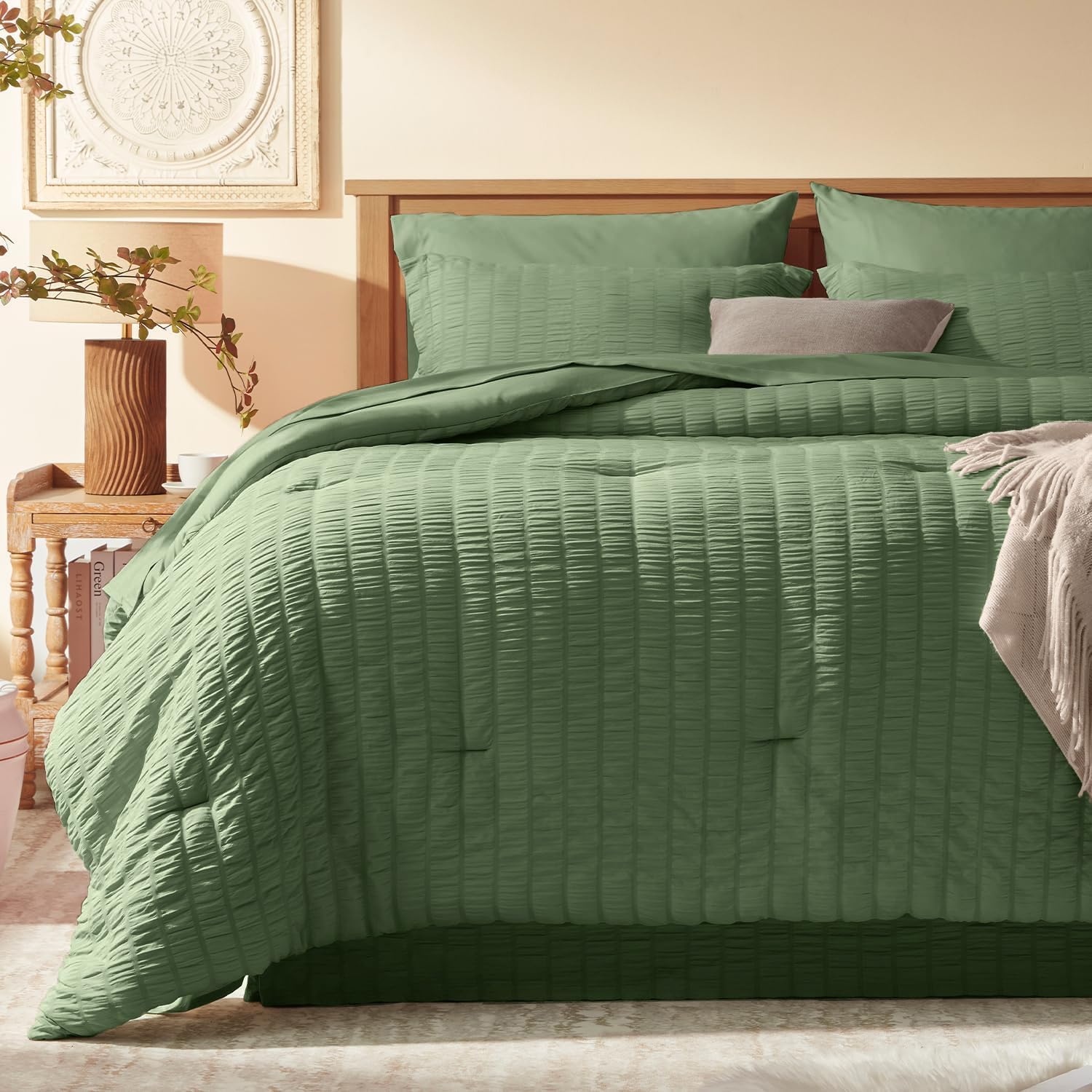 Full Size Comforter Sets 7 Pieces, Pink Seersucker Bed in a Bag Set Full Size, All Season Luxury Bedding Sets with Comforter, Sheets, Pillowcase & Sham