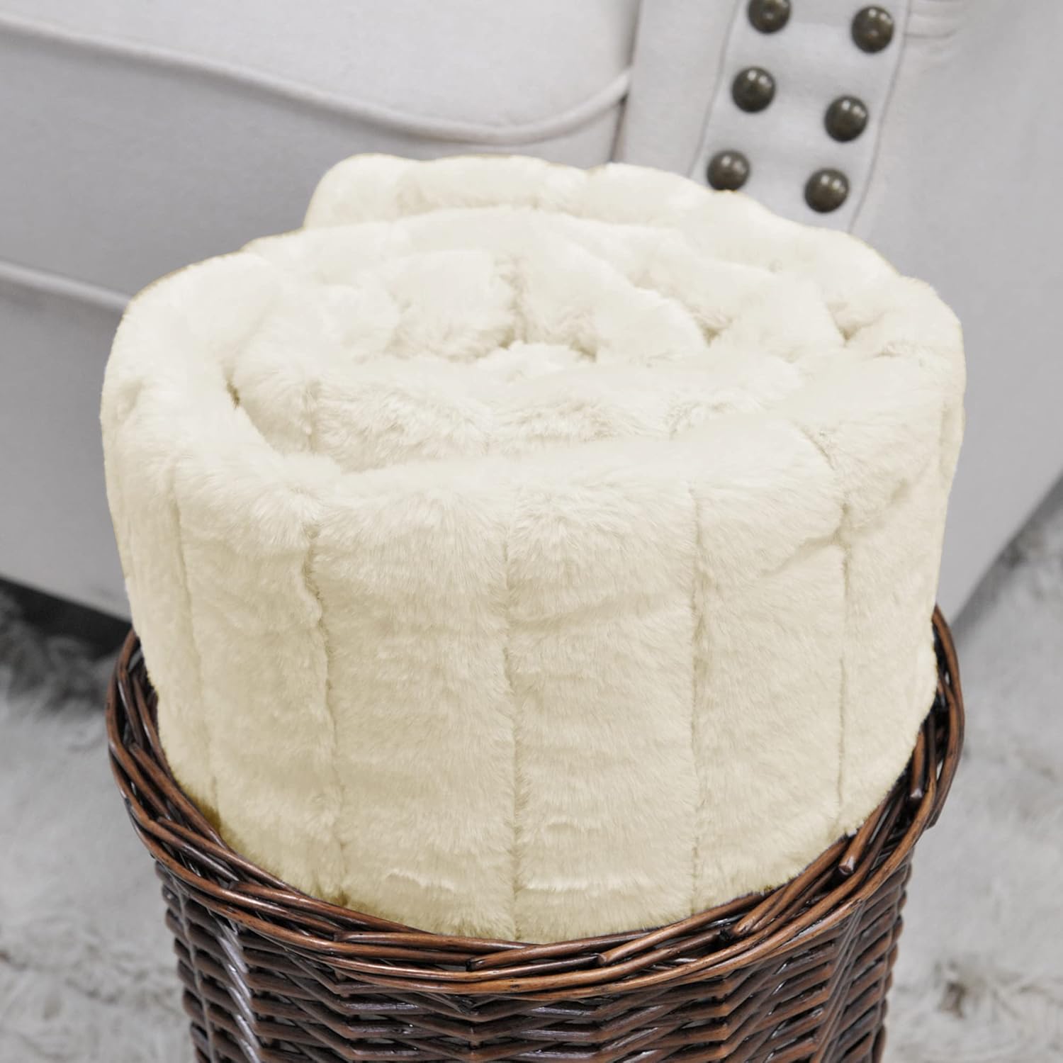 Stripe Faux Fur Plush Throw Blankets with Sherpa Back, Super Soft Warm Cozy Fluffy Fuzzy Reversible Luxury Throw for Couch Sofa Chair Bed Cover, 50" x 60", Cream Beige