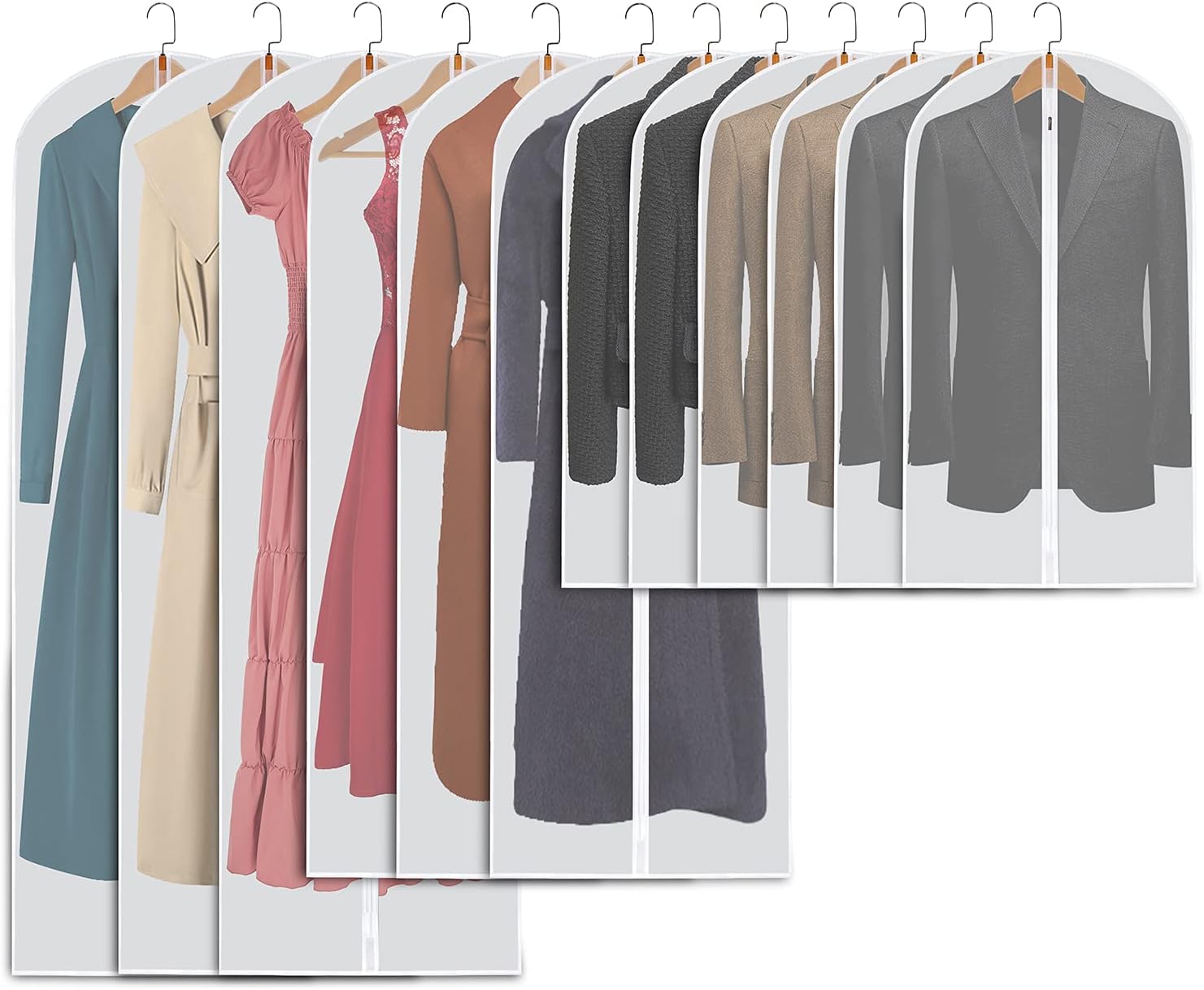 Hanging Garment Bags Suit Bags(Set of 12) Dust Cover Breathable Dress Bag for Closet Clothes Storage or Travel- Clear 24''x40''x55''x 60''