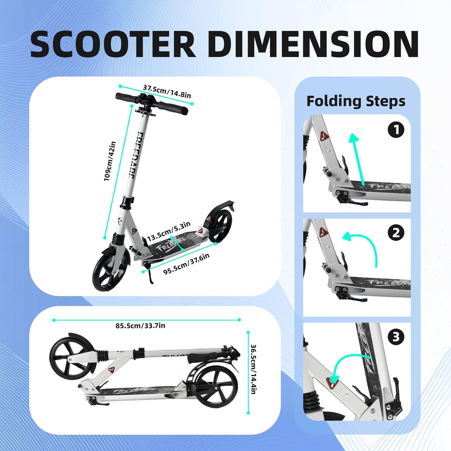 FREEDARE Kick Scooter for Kids & Adults Ages 8+, Foldable Teen Scooter with 2 Big 8-inch Wheels and 4-Level Adjustable Handlebar, Max Load 220 LBS - Image 6