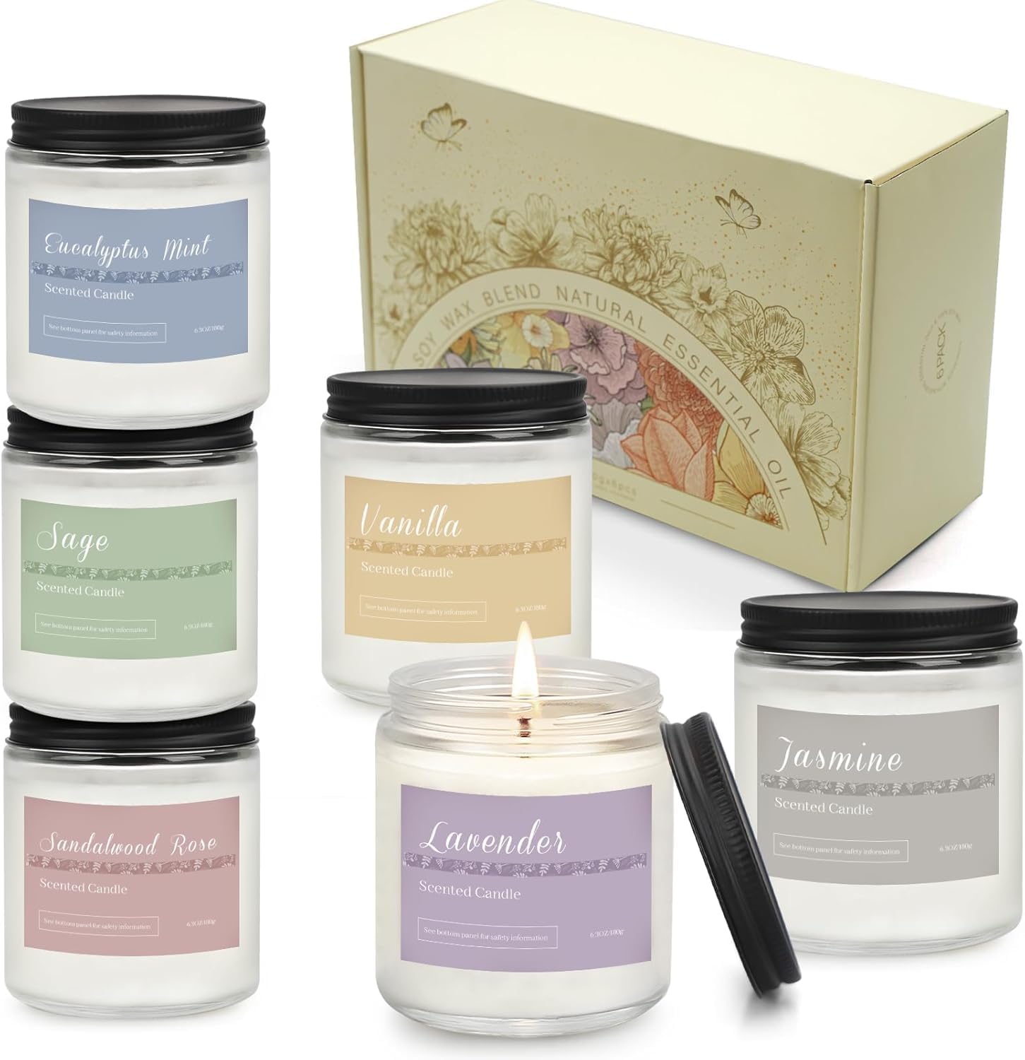 6 Pack Scented Candles Gift Set, Long Lasting Aromatherapy Candles for Home, 37.8 oz 300 Hour Burn, Lavender Jasmine Vanilla Sage Sandalwood Rose Eucalyptus Mint, Gifts for Women - Image 9
