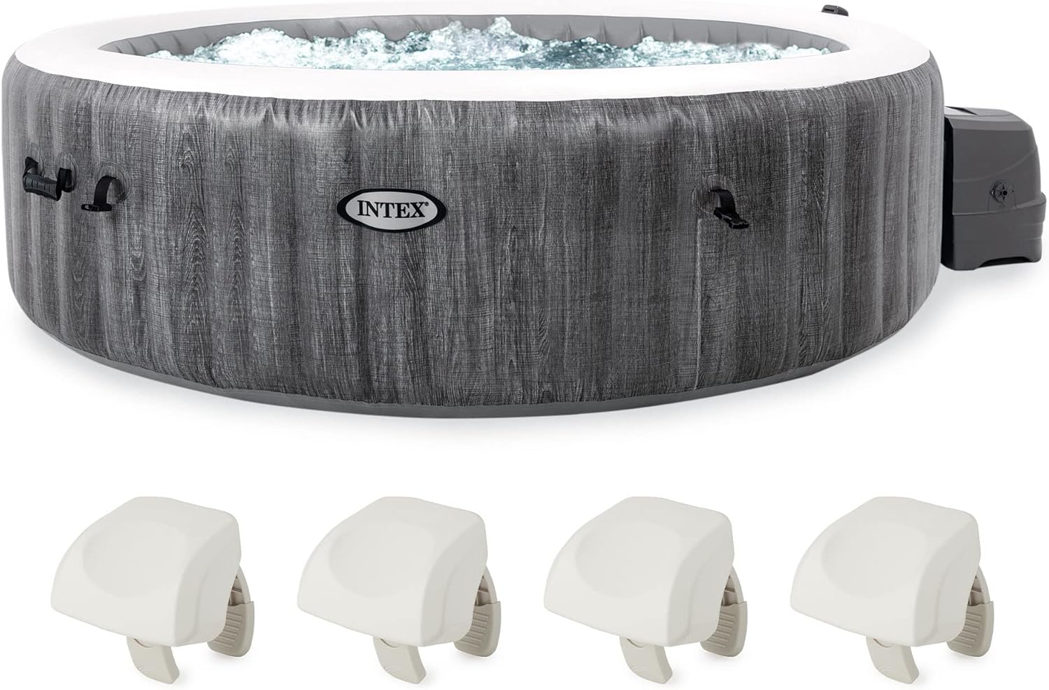 Intex PureSpa Plus Greywood Inflatable Hot Tub Bubble Jet Spa & PureSpa Cushioned Foam Headrest Pillow Hot Tub Spa Accessory, White (4 Pack)