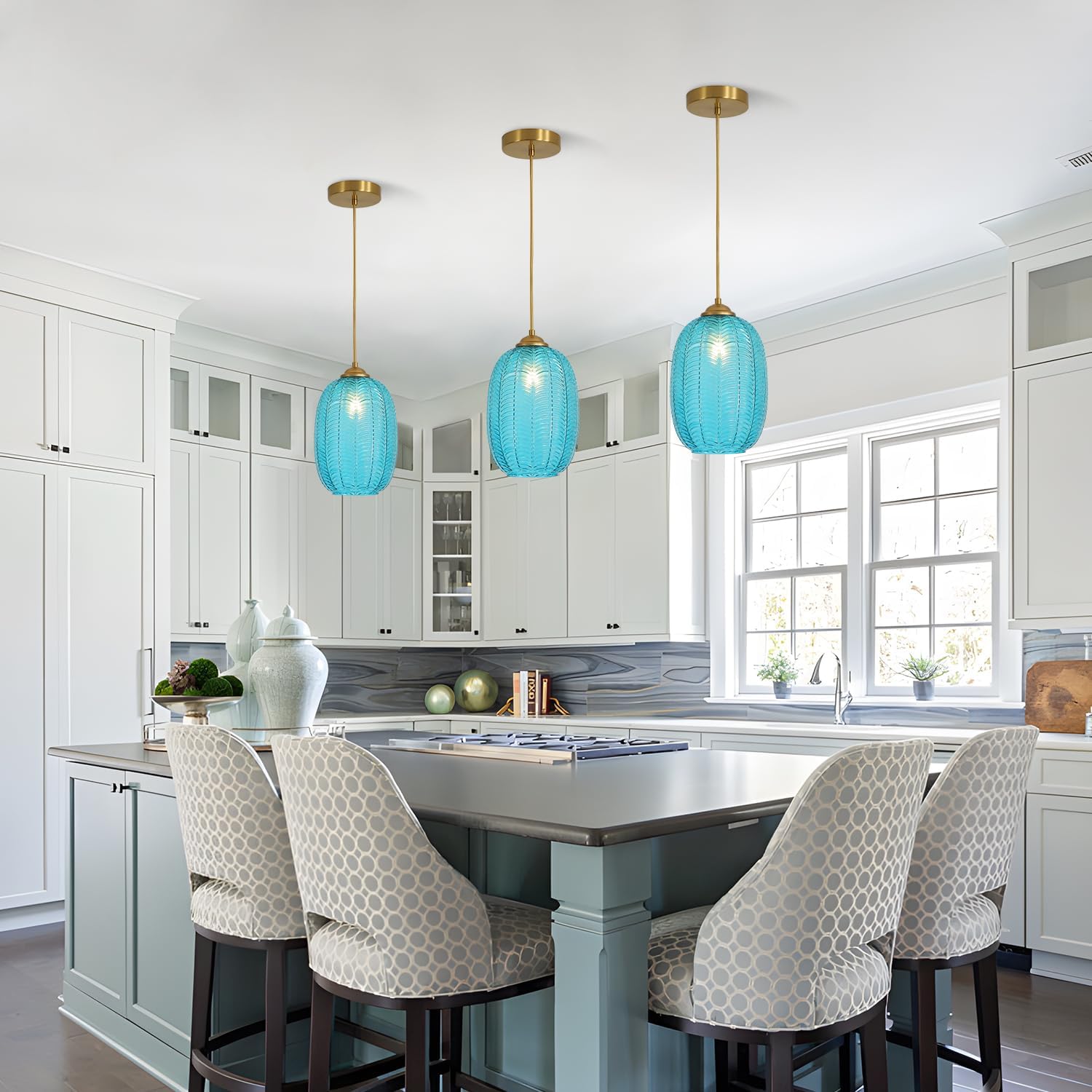 KCO Lighting Blue Glass Pendant Lights Kitchen Island Vintage Ribbed Glass Flush Mount Ceiling Light Brushed Gold Pendant Light Mid Century Modern Hanging Light Fixture