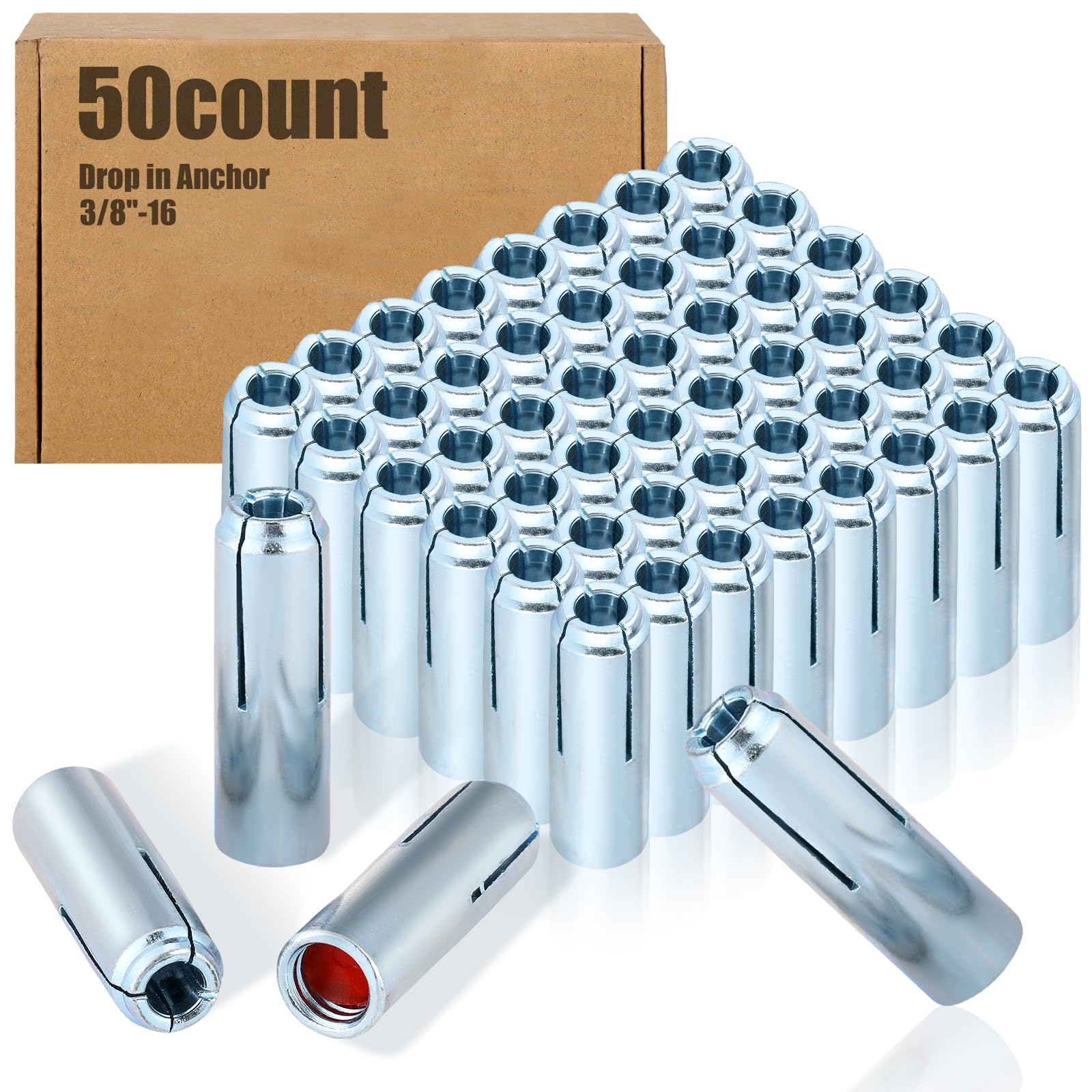 Blulu 50 Pcs 3/8"-16 Drop in Anchor Zinc Plated Inner Female Thread Expansion Anchor Expansion Screws Internal Forced Expansion Bolts for Solid Concrete