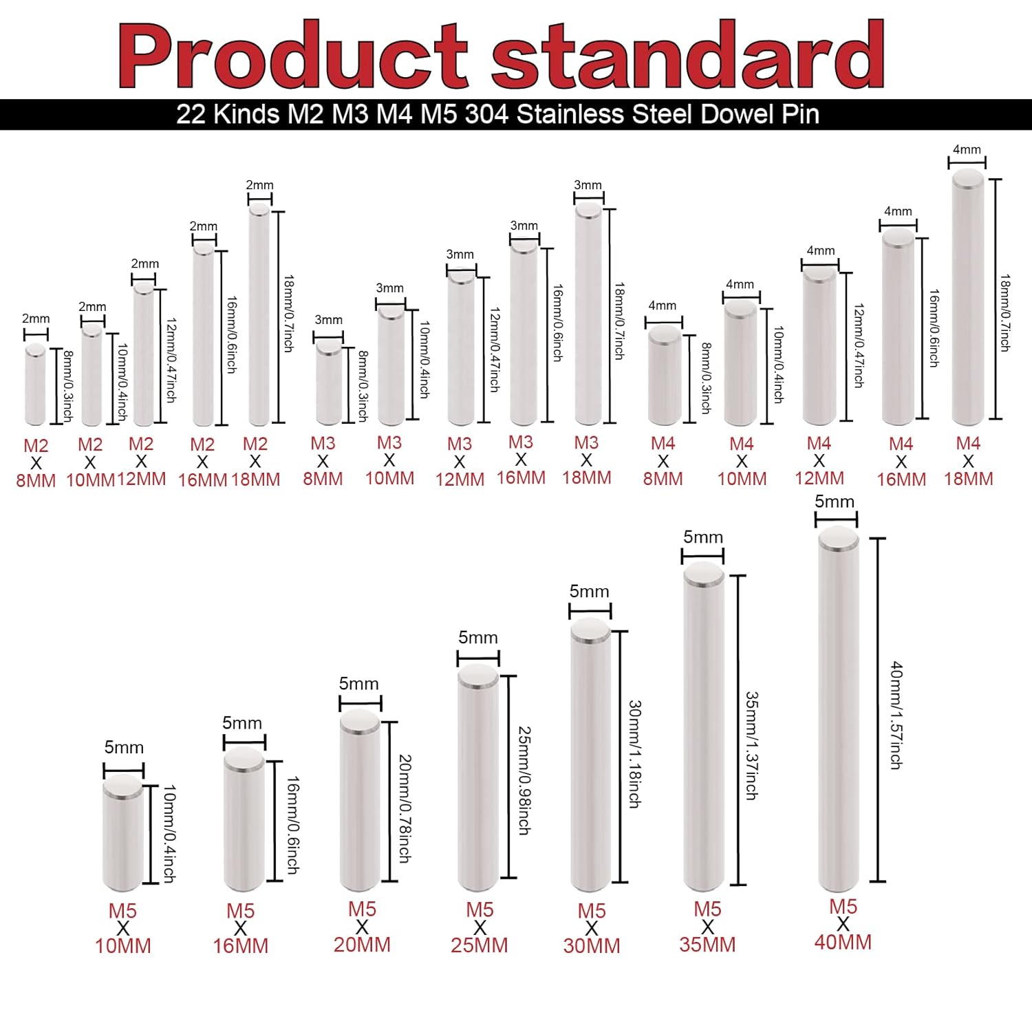 220Pcs 22 Kinds M2 M3 M4 M5 304 Stainless Steel Dowel Pin Cylindrical Shelf Support Peg Pin Rod Fasten Elements Assortment Kit