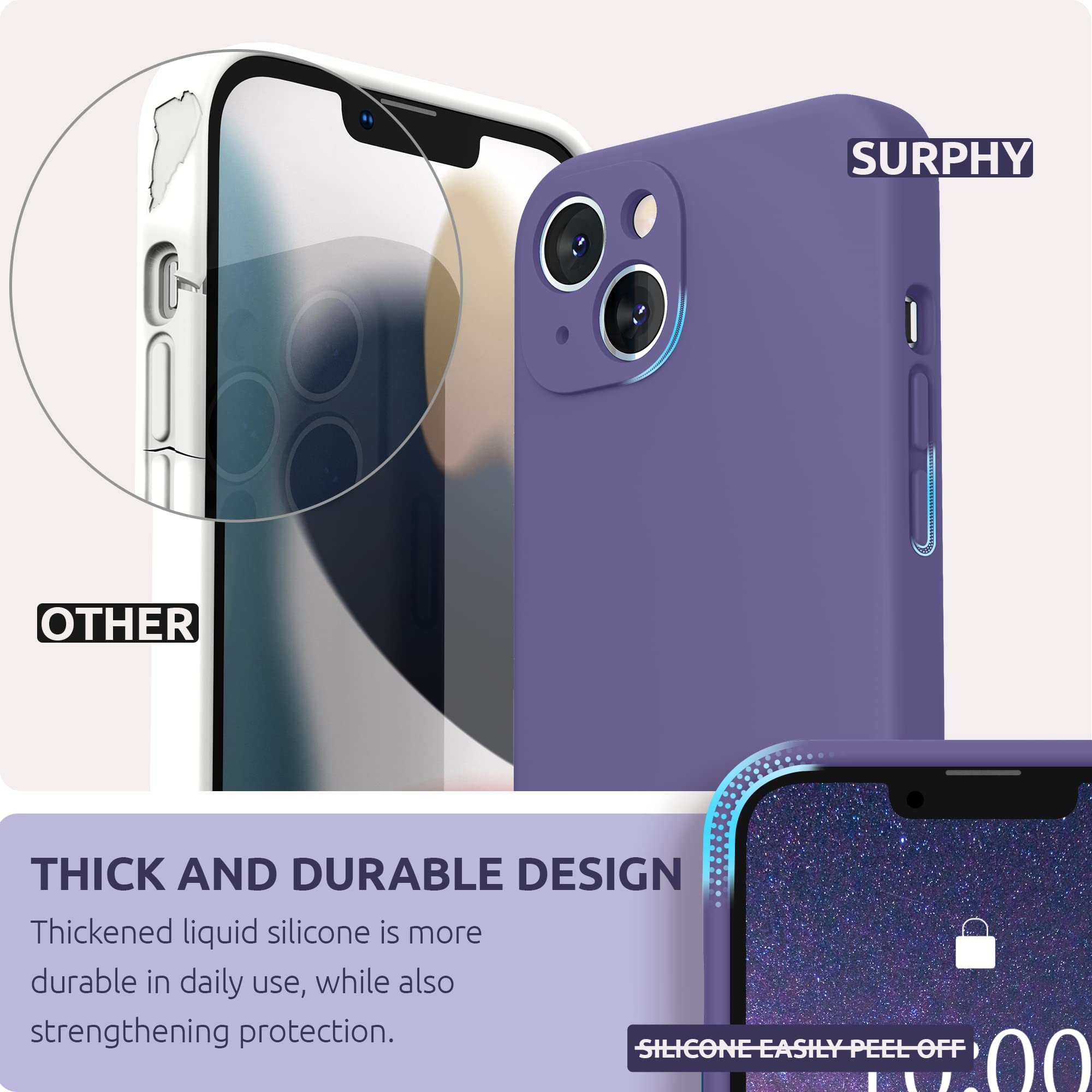 SURPHY Cover per iPhone 13 con Vetro Temperato (6,1"), Custodia per iphone 13 Silicone con Protezione Fotocamera, case protezione Completa,Antiurto, Morbida Microfibra Antigraffio(viola scuro)