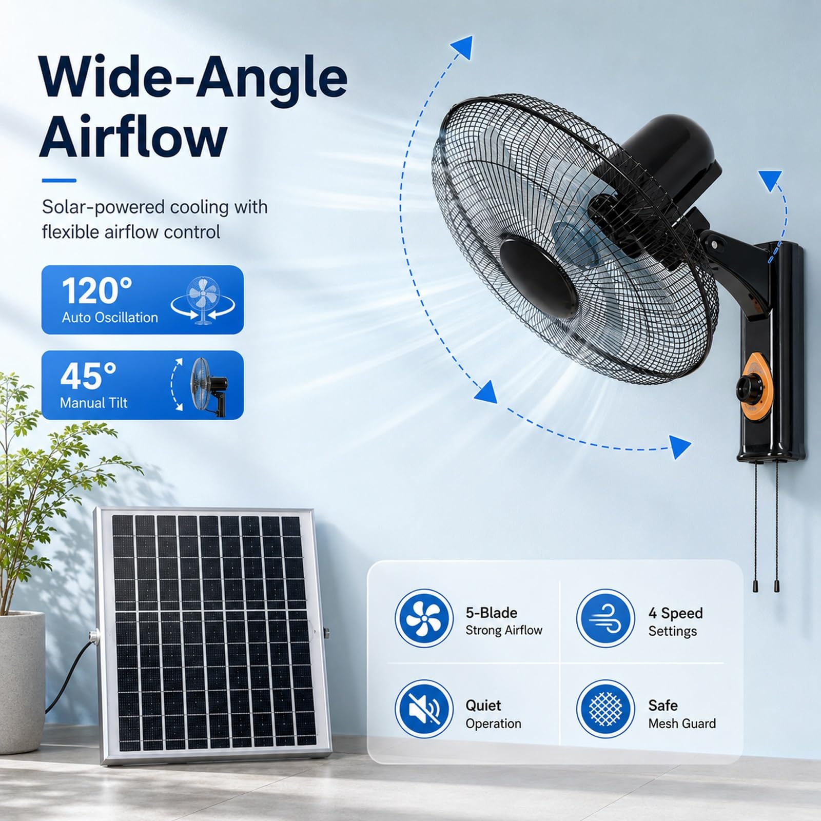 Ventilatore da Parete Solare con Pannello Solare e CA | Ventilatore a muro silenzioso oscillazione 120° doppia ricarica CA/solare per camping