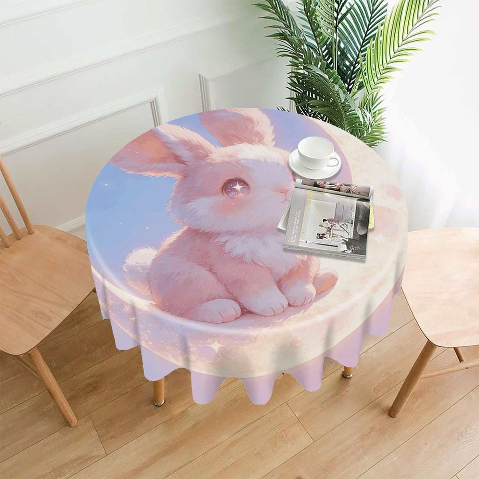 LZQPOEAS Pink Moon Bunny Tablecloth Easy to Clean Polyester Round Table Cover Washable Round Table Cloth Wrinkle-Free Circle Decoration Tablecloth for Kitchen and Dining Room 60"