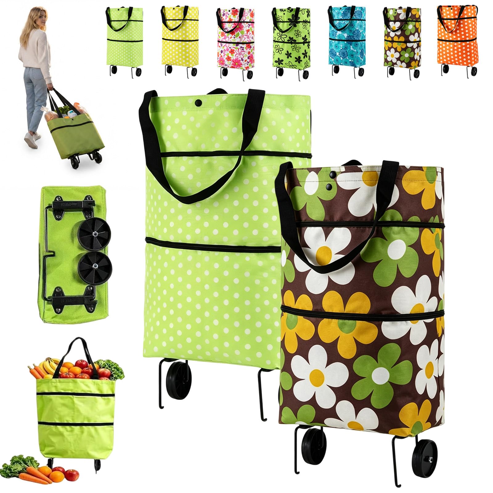 2-in-1 Foldable Shopping Cart, Reusable Shopping Trolley Bag with Wheels, Waterproof Oxford Cloth, Lightweight Collapsible Portable Grocery Cart for Market Travel & Daily Use (2PCS-F)